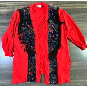 Vintage Designs Duster Cardigan Fringe Trim‎ Embellished Red Jacket Large